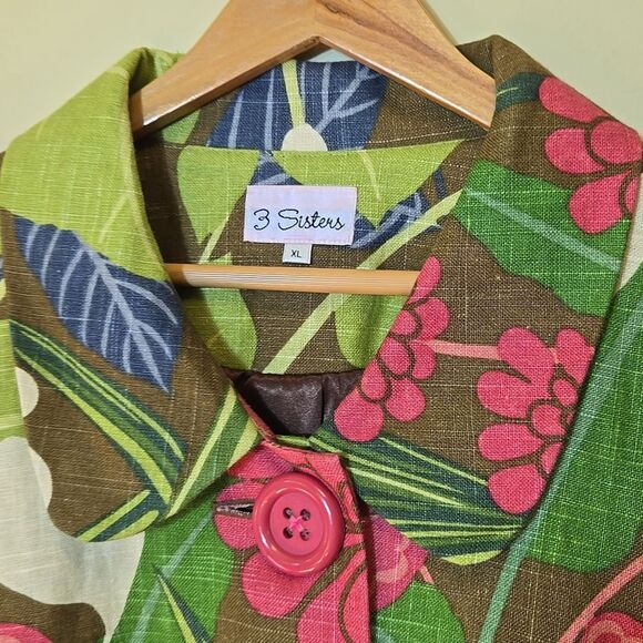 3 Sisters Linen Blend Floral Cropped Blazer Jacket Sz XL Cotton 3/4 Sleeve Boxy - Picture 2 of 16